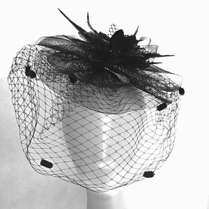 Beloved Millinery Black 3PC Fascinator Feathers Veil Derby Church Brunch Funeral